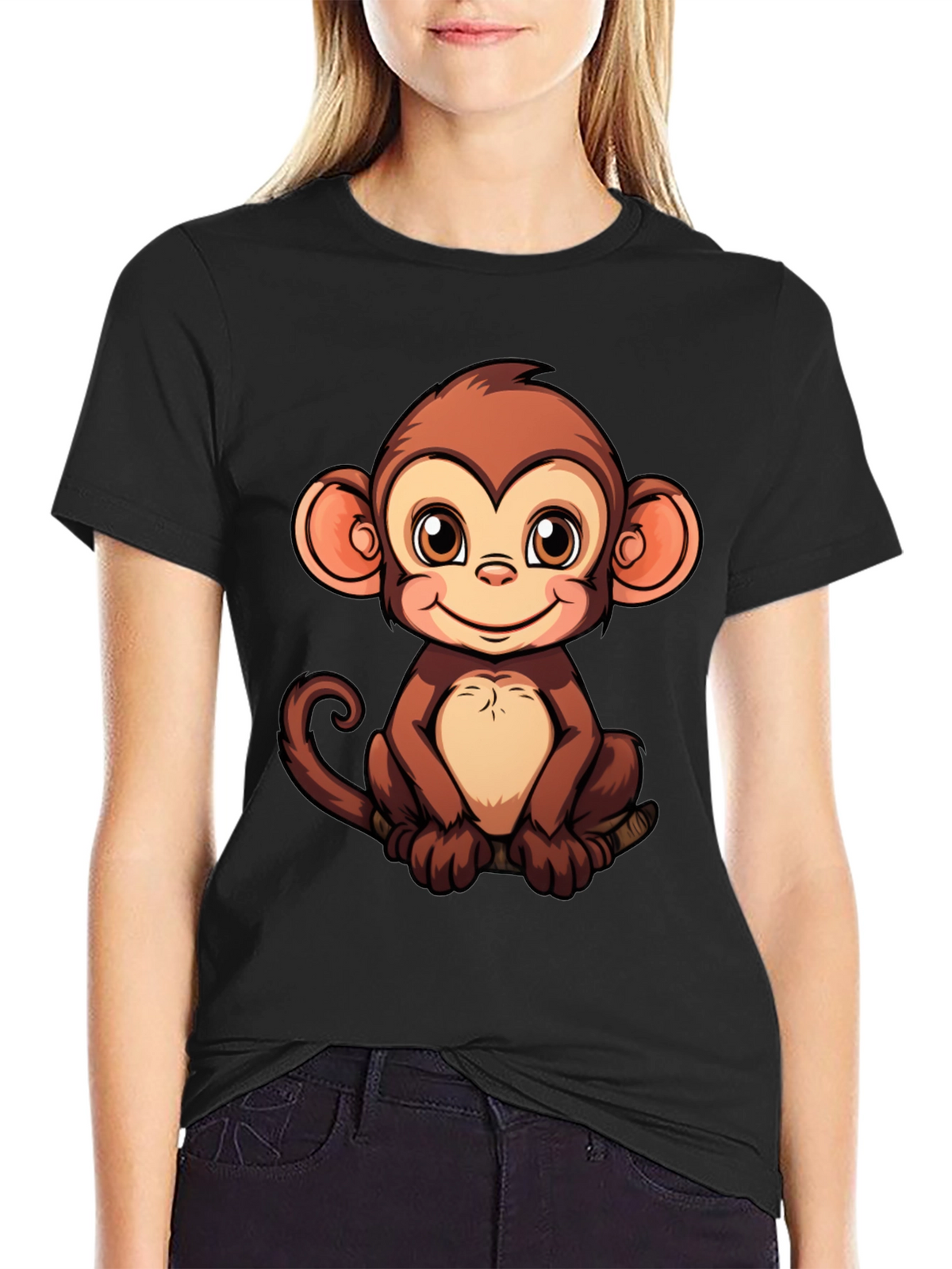 Cute Monkey Graphic Print Black T-Shirt