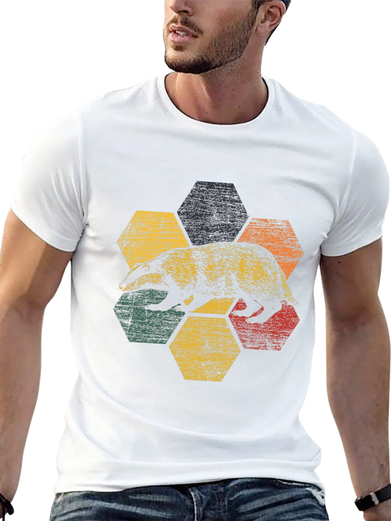 Retro Badger Hexagon Graphic Tee - Unisex Cotton Blend
