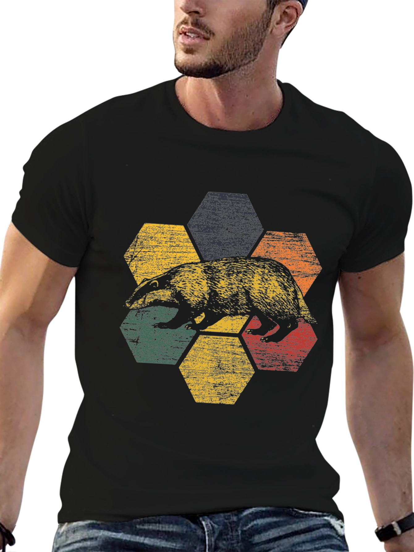 Retro Badger Hexagon Graphic Tee - Unisex Cotton Blend