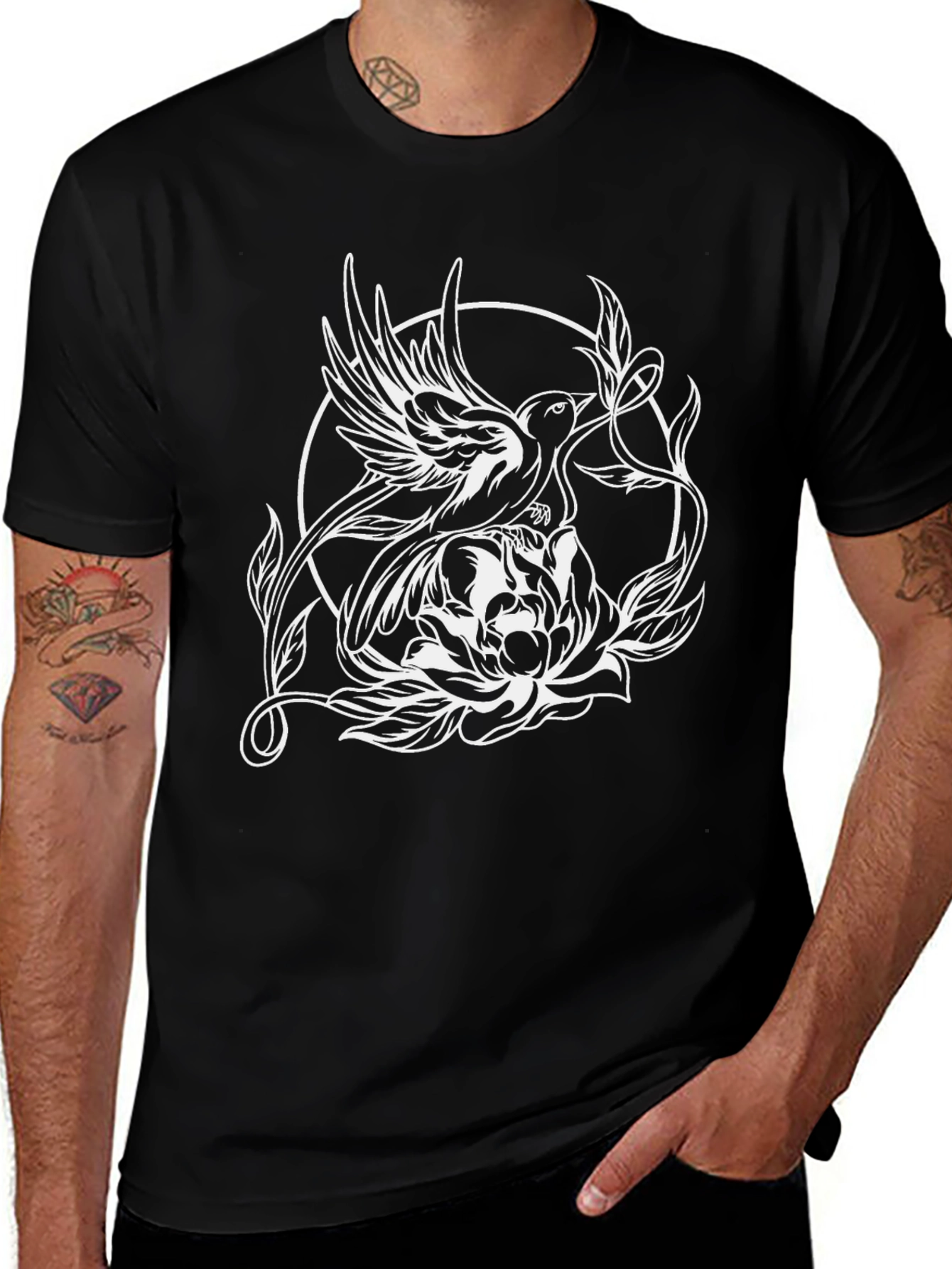 Bird & Flower Graphic Tee - Black