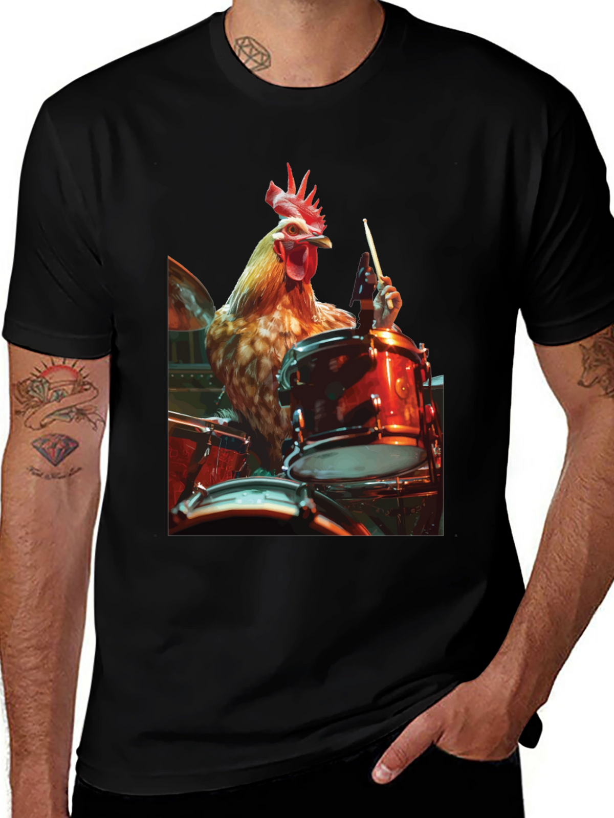 Chicken Drummer T-Shirt - Black Graphic Tee