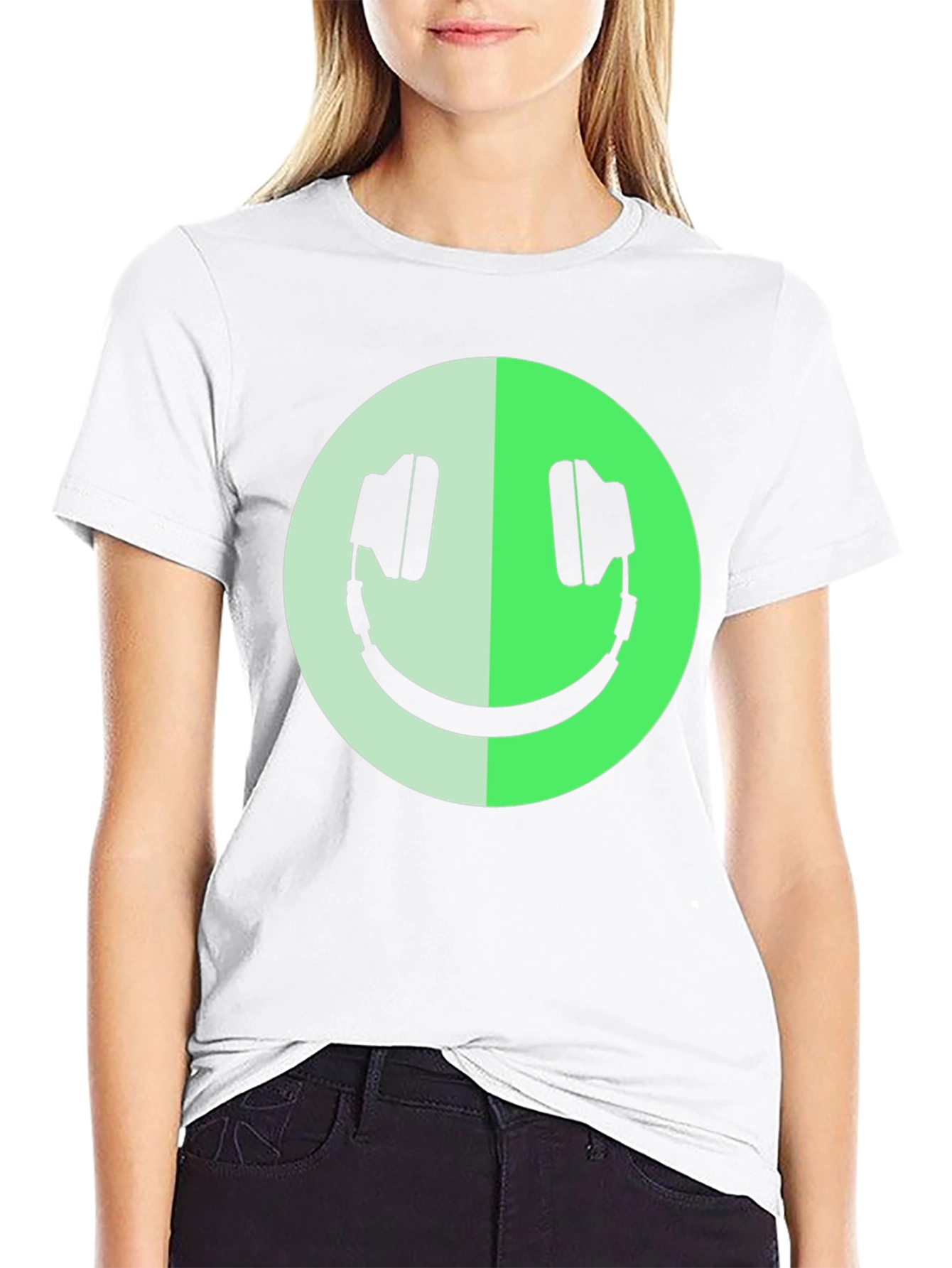 Headphone Smiley Face Graphic Black T-Shirt
