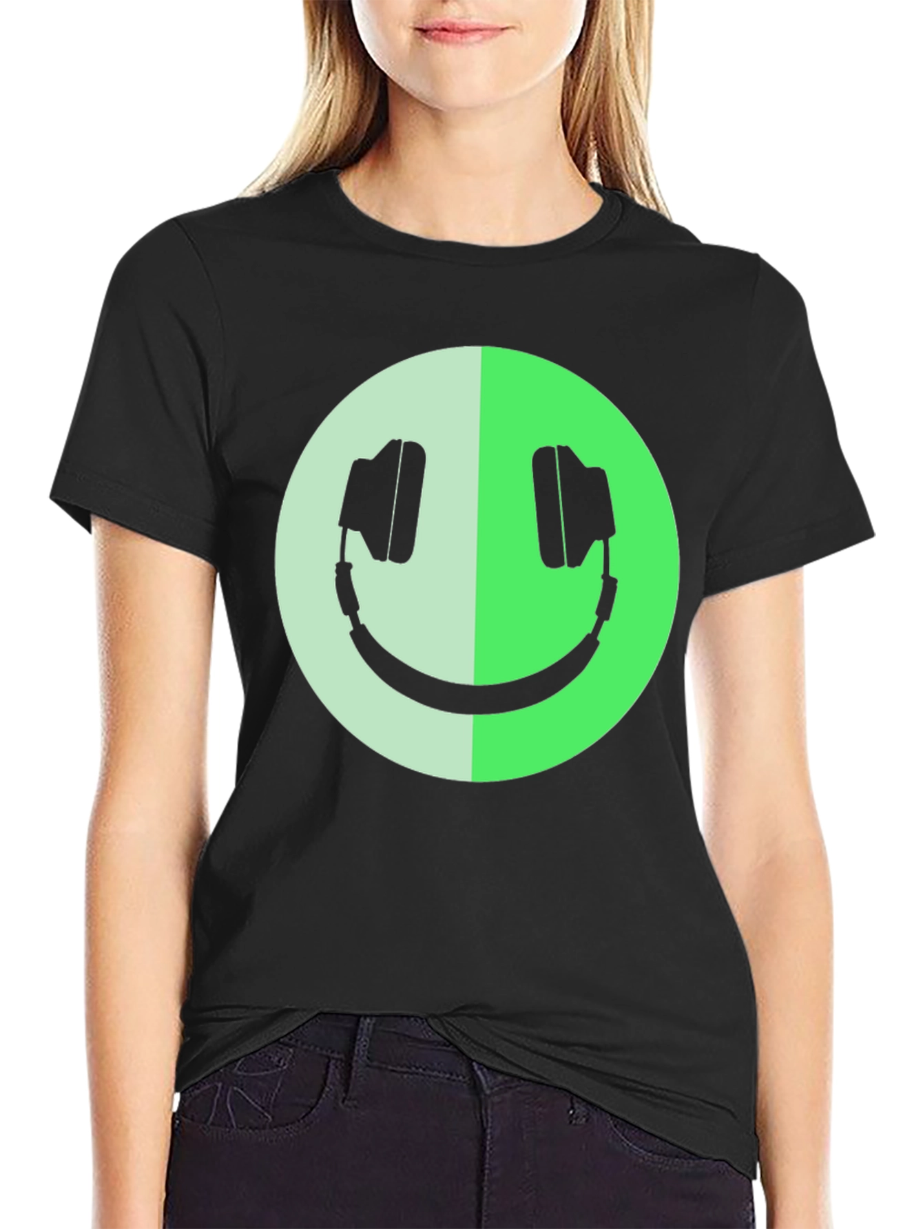 Headphone Smiley Face Graphic Black T-Shirt
