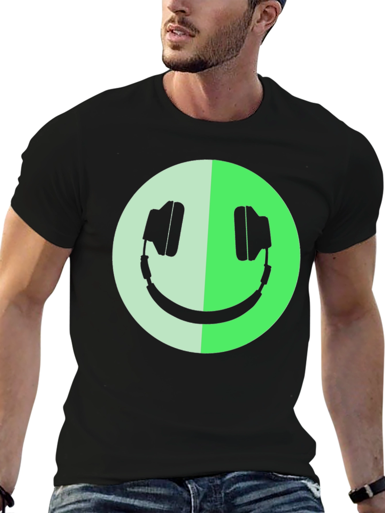 Headphone Smiley Face Graphic Black T-Shirt