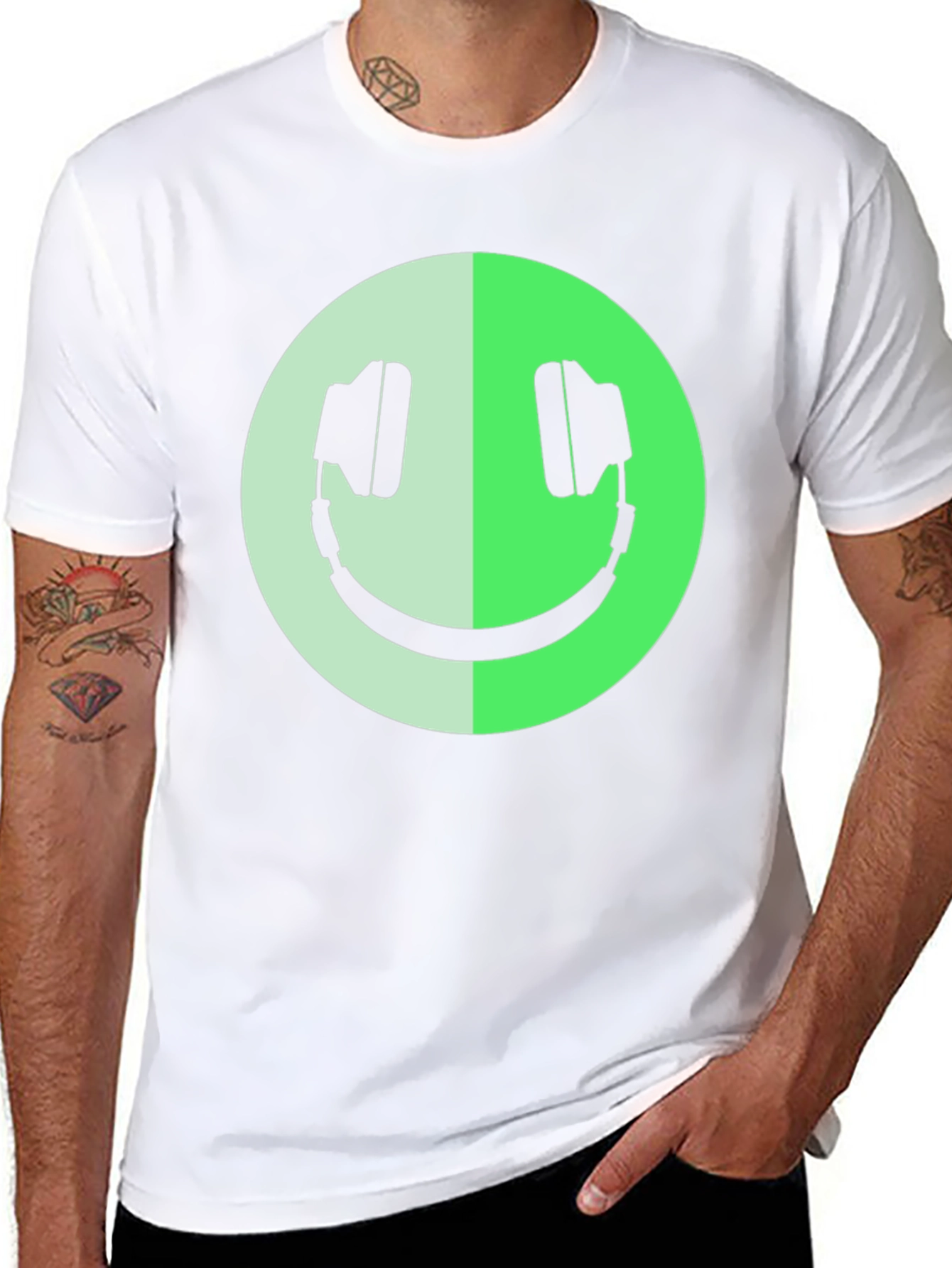 Headphone Smiley Face Graphic Black T-Shirt