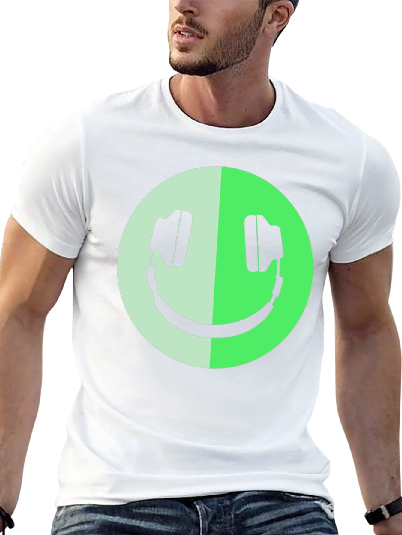 Headphone Smiley Face Graphic Black T-Shirt