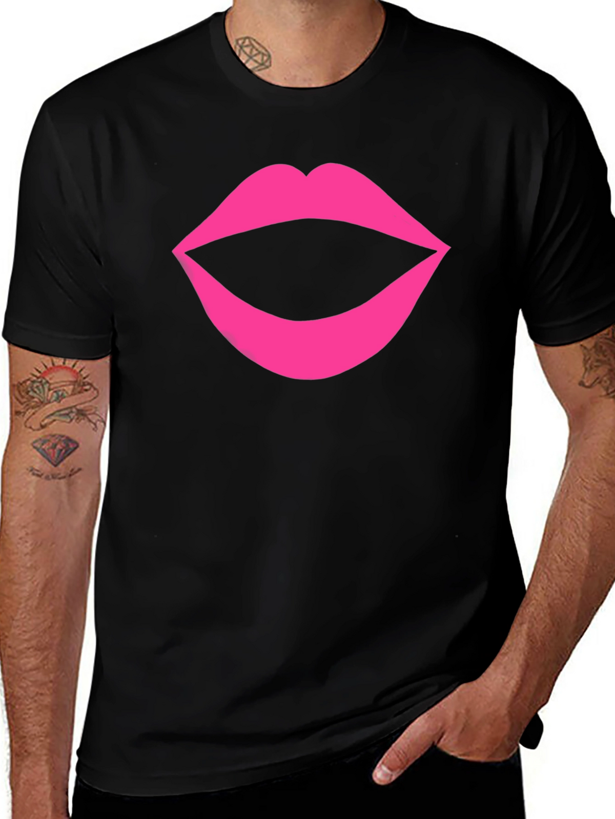 Bold Lips Graphic Tee - Black Cotton T-Shirt