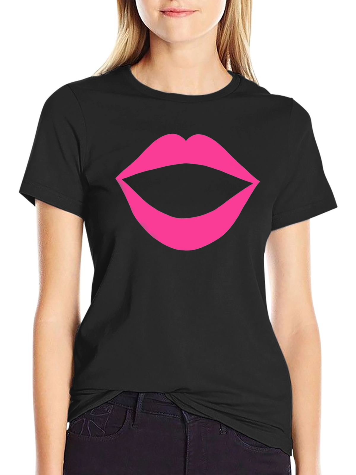 Bold Lips Graphic Tee - Black Cotton T-Shirt