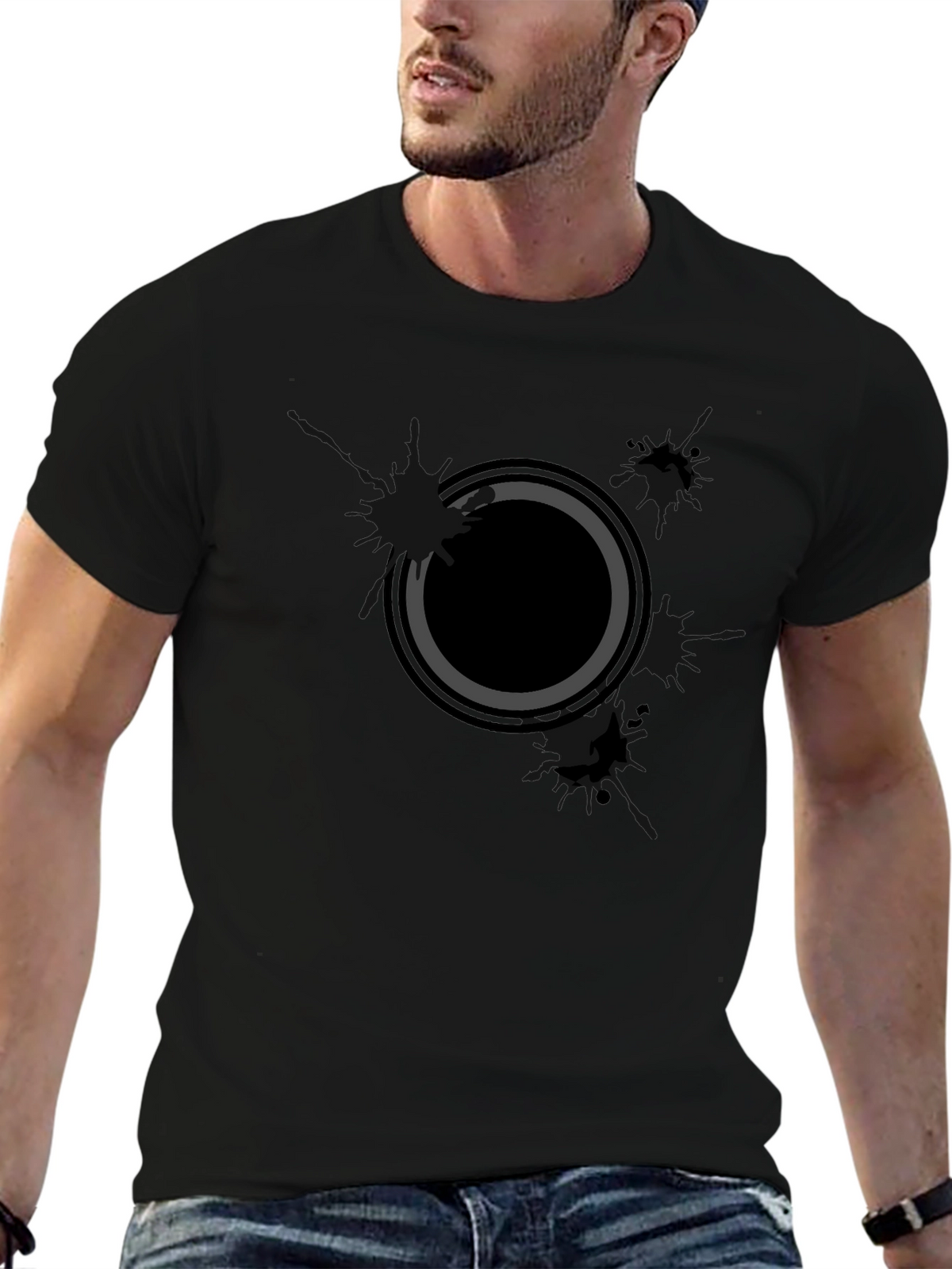 Mens Black Graphic Tee - Abstract Circle Design