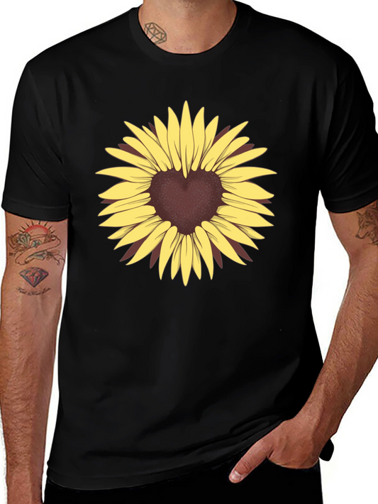 Heart Sunflower Graphic Tee - Black Casual T-Shirt