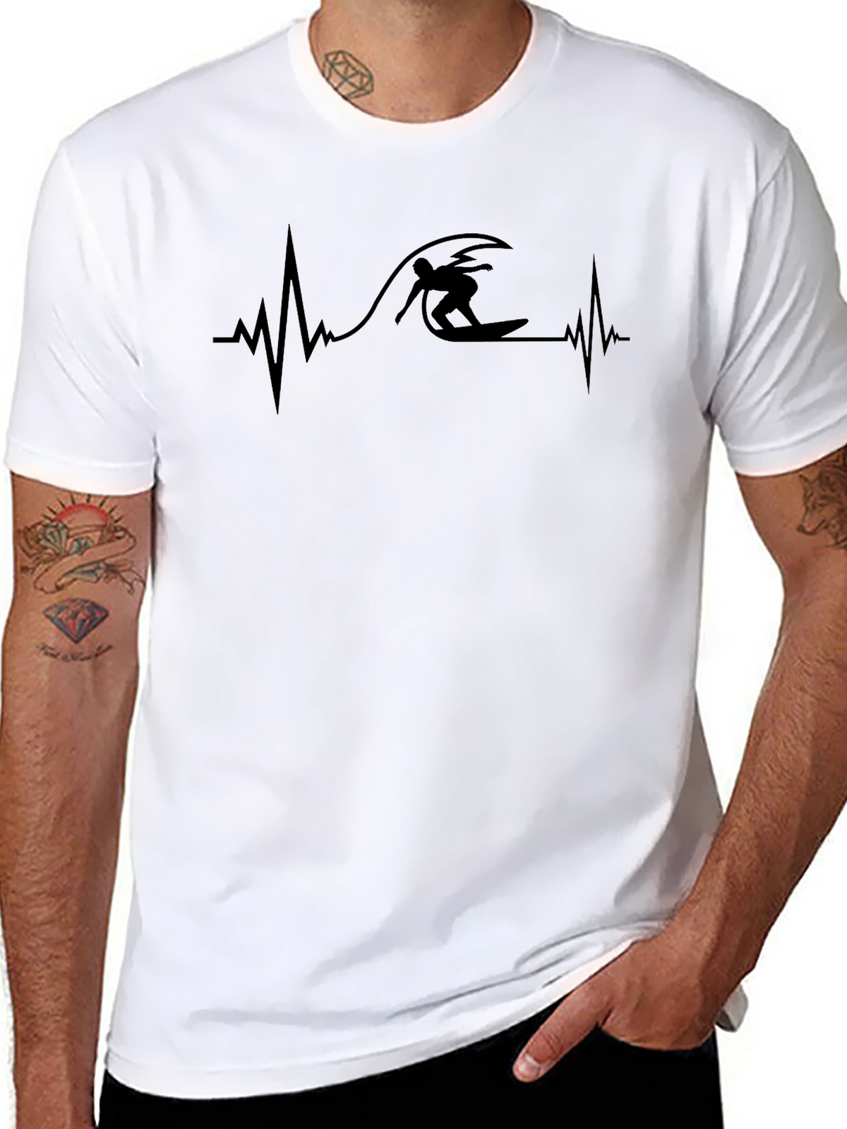 Surfer Heartbeat Graphic Tee - Black Casual T-Shirt