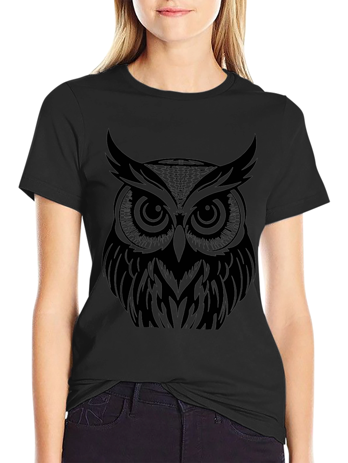 Owl Graphic Print T-Shirt - Black