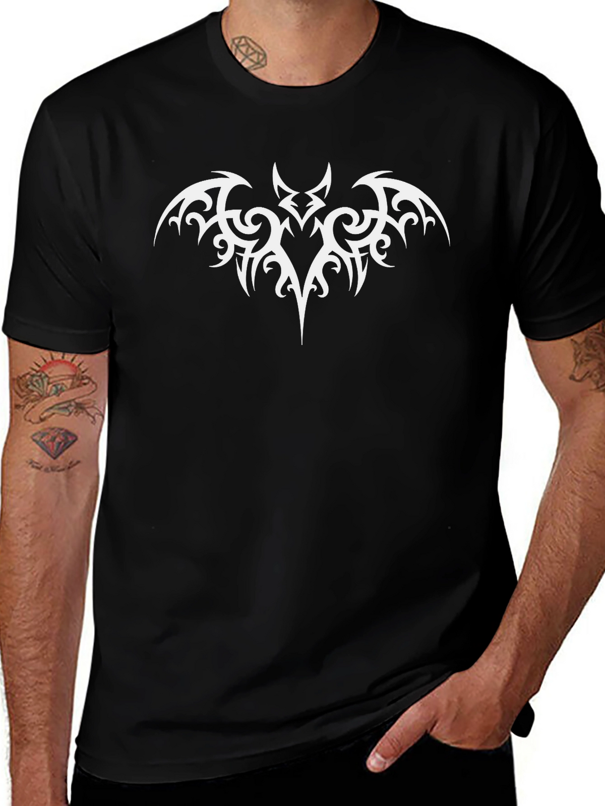 Black T-Shirt with Tribal Bat Design