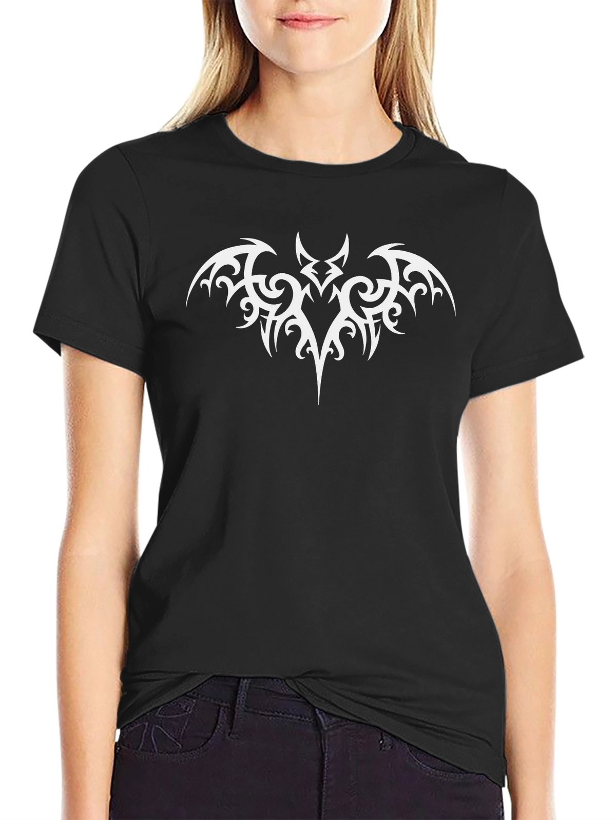 Black T-Shirt with Tribal Bat Design