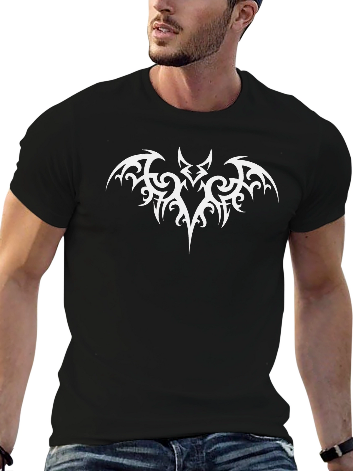 Black T-Shirt with Tribal Bat Design