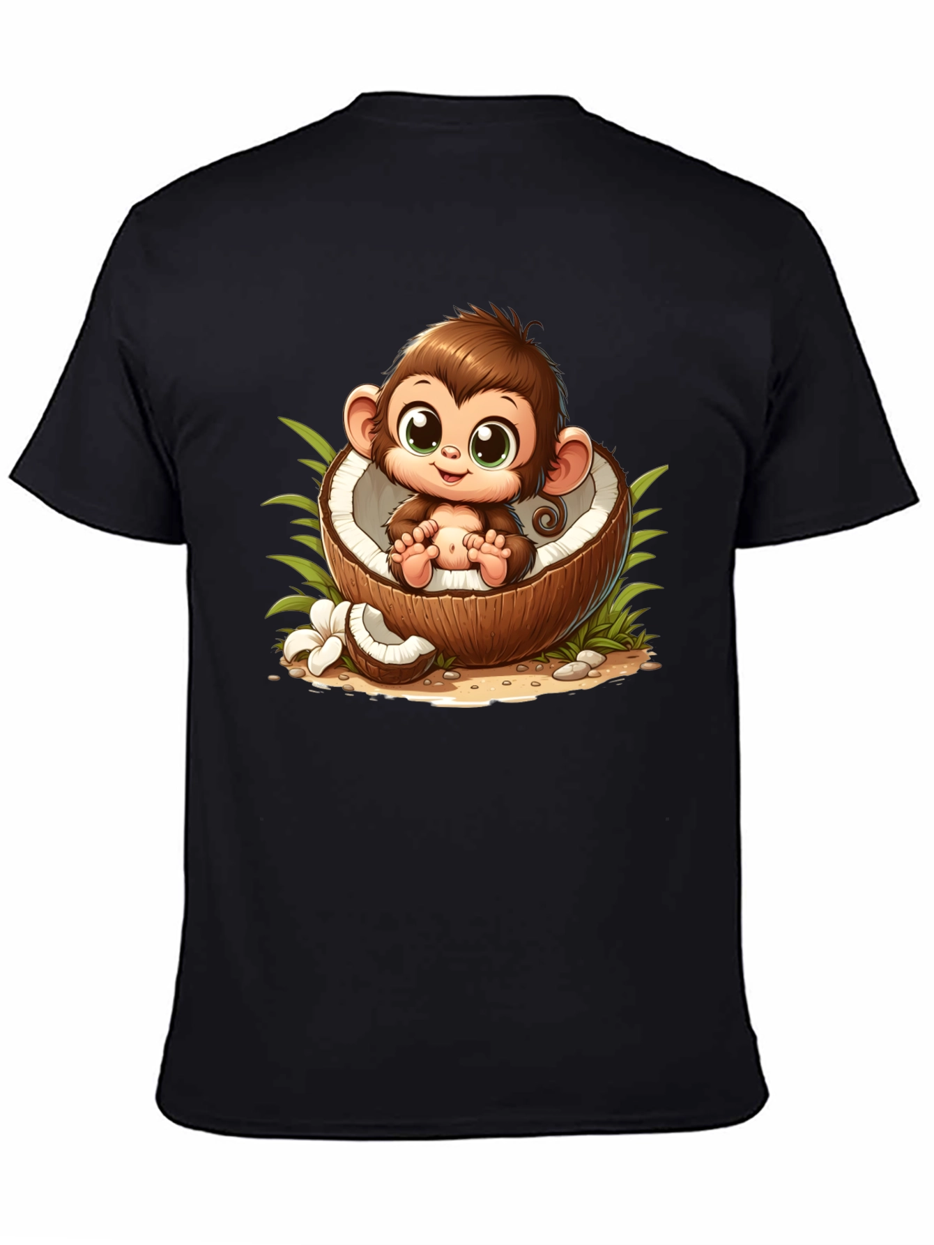 Cute Monkey in Coconut Black T-Shirt
