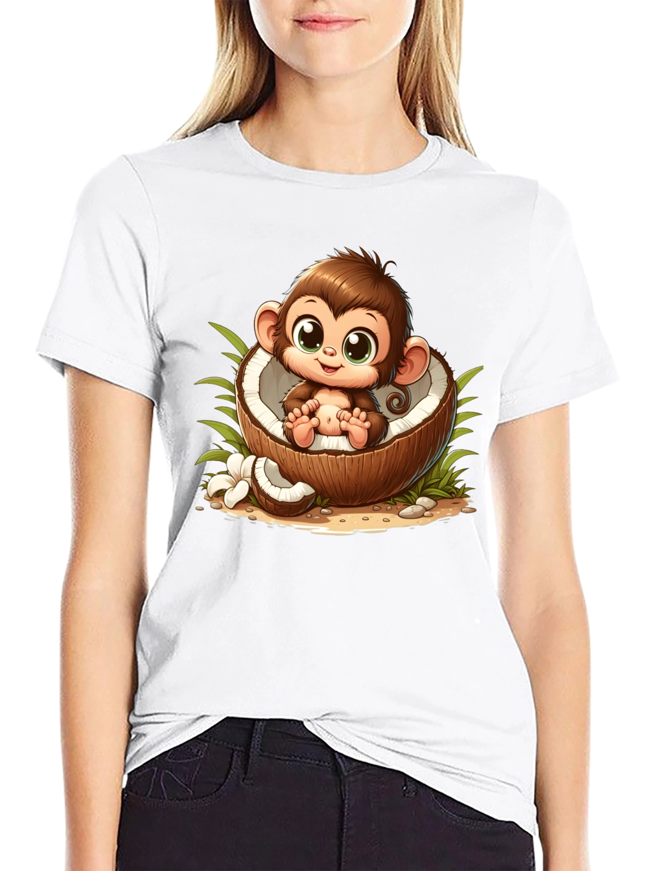 Cute Monkey in Coconut Black T-Shirt