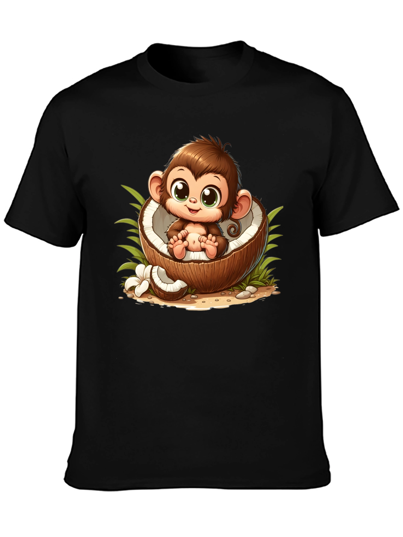 Cute Monkey in Coconut Black T-Shirt