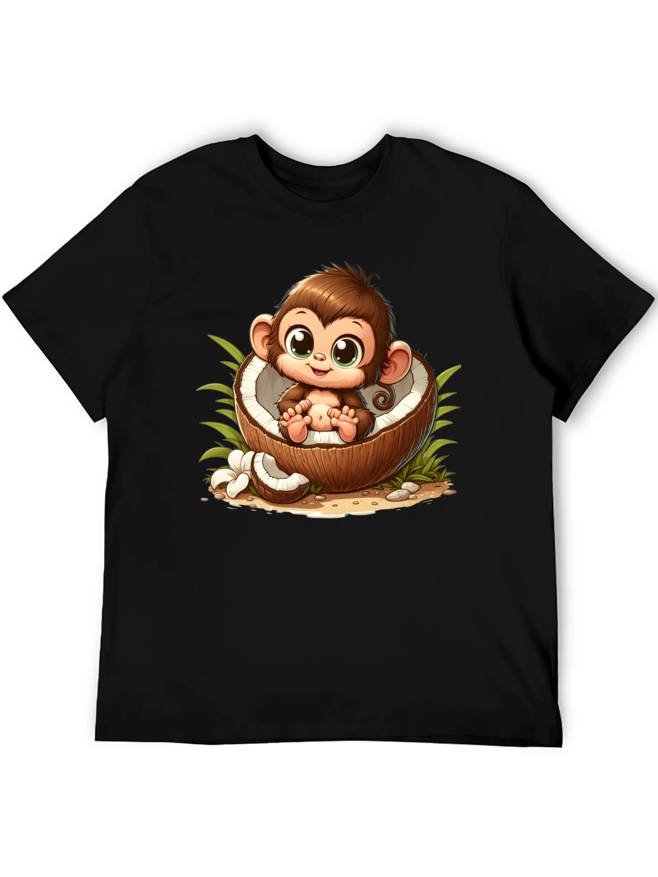 Cute Monkey in Coconut Black T-Shirt