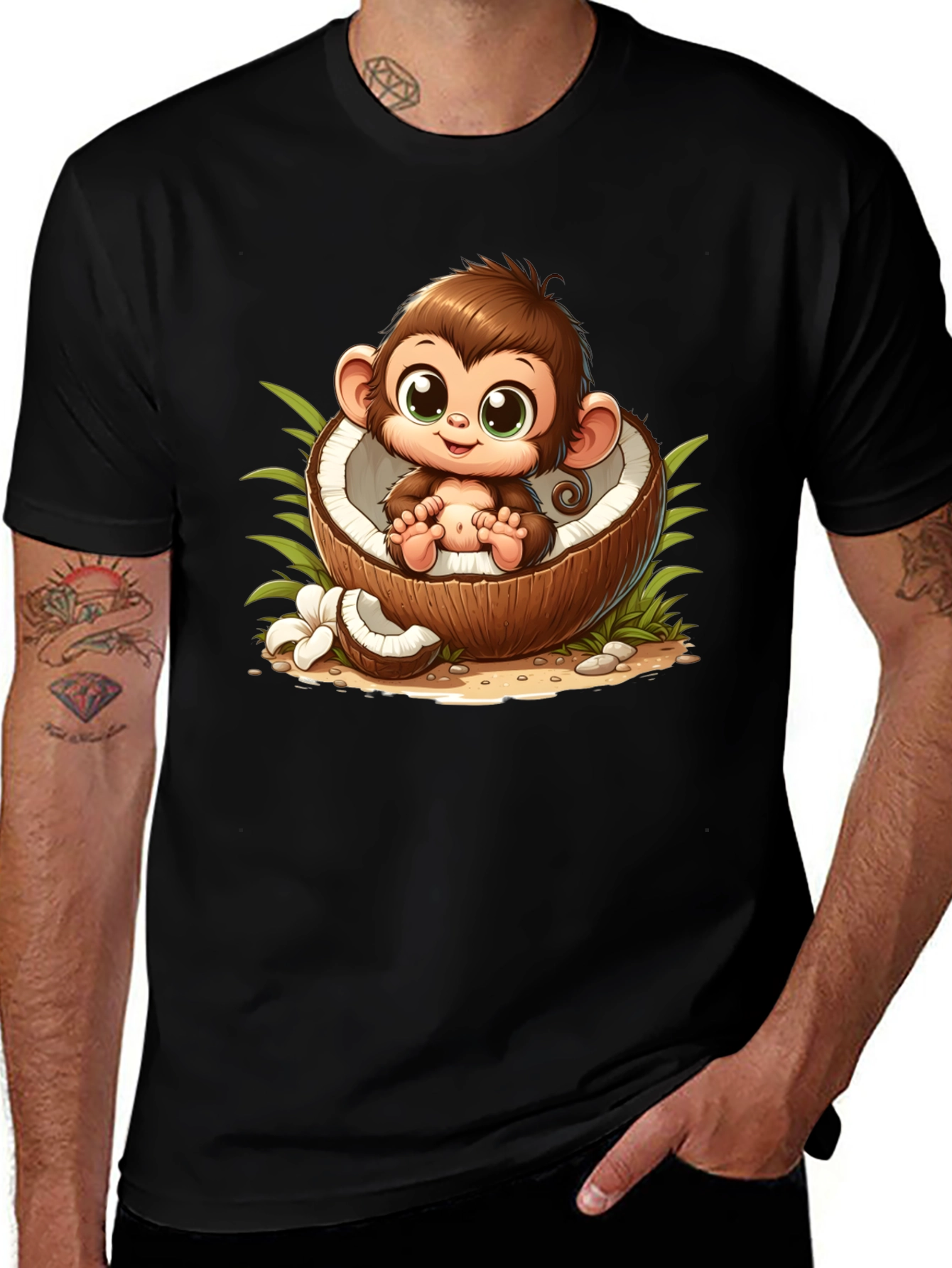 Cute Monkey in Coconut Black T-Shirt