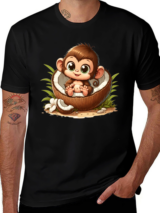 Cute Monkey in Coconut Black T-Shirt
