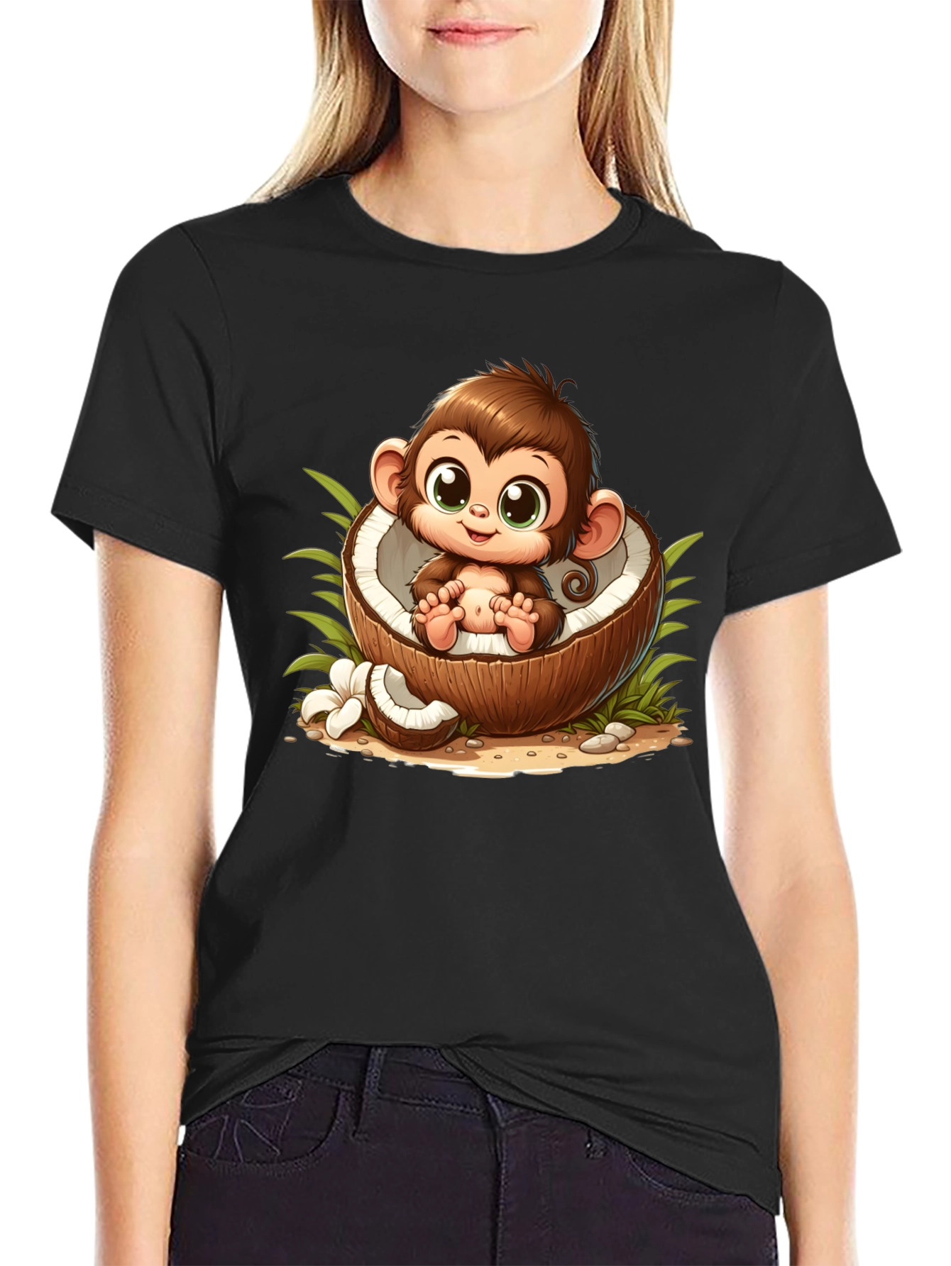 Cute Monkey in Coconut Black T-Shirt