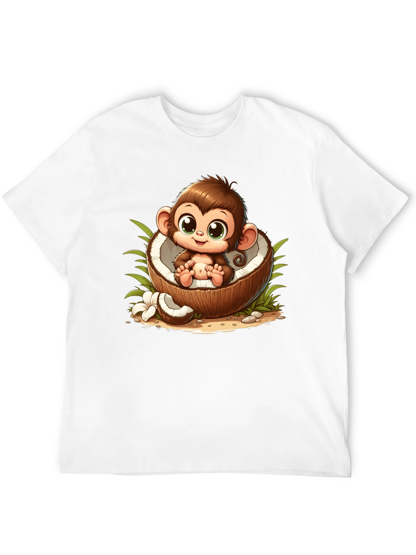 Cute Monkey in Coconut Black T-Shirt