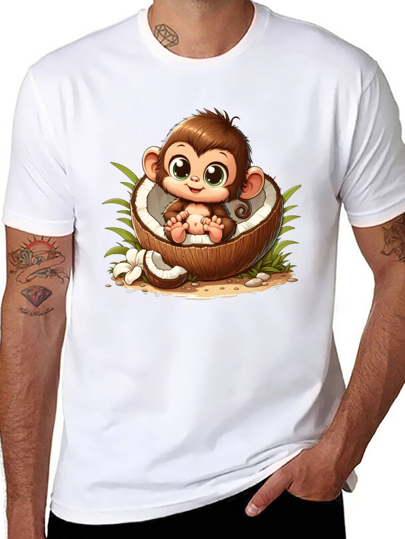 Cute Monkey in Coconut Black T-Shirt