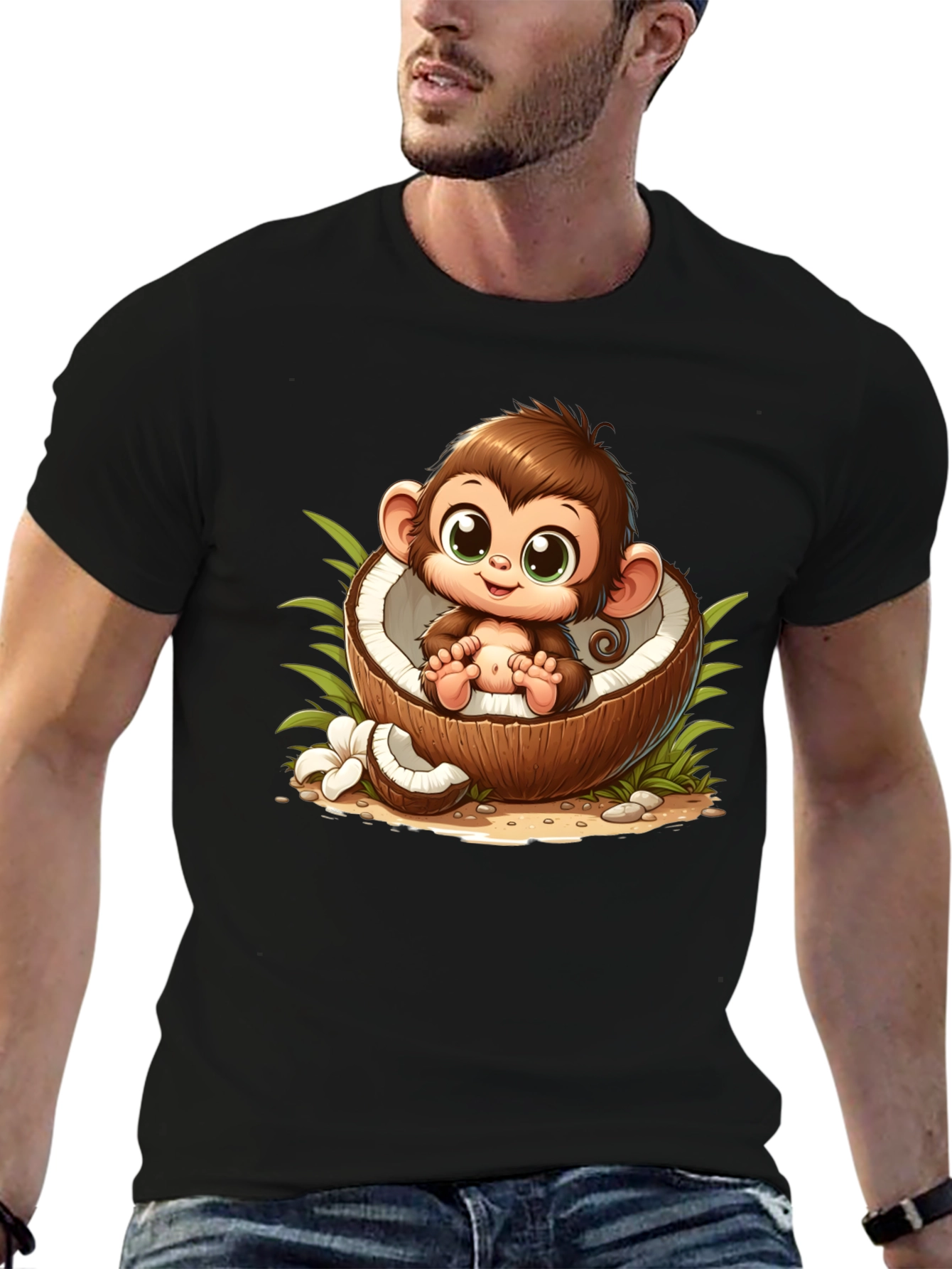 Cute Monkey in Coconut Black T-Shirt