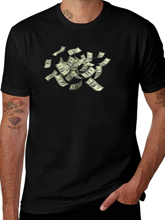 Money Print Black T-Shirt - Short Sleeve Crew Neck Casual Tee