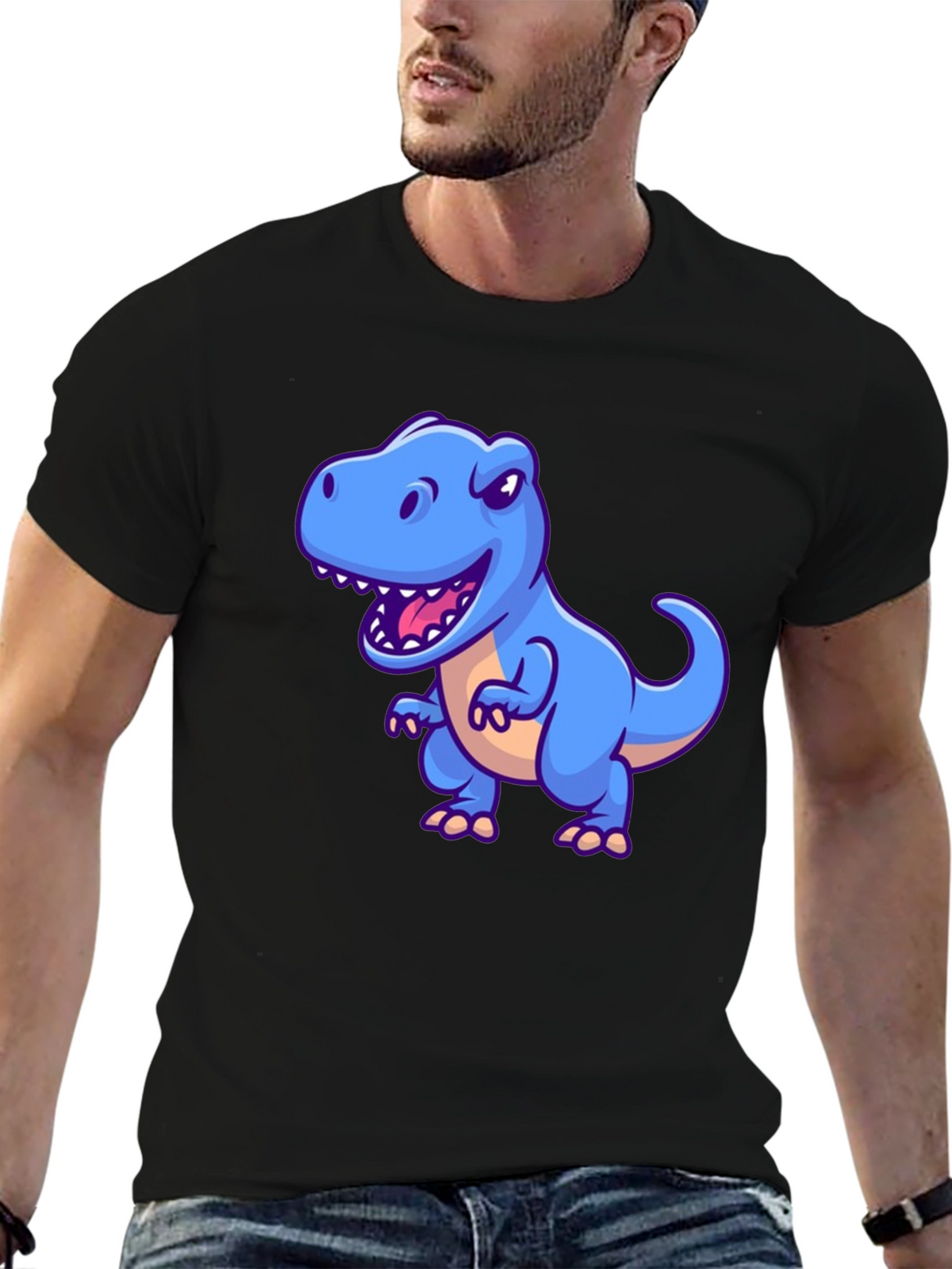 Dino Graphic Tee - Cartoon T-Rex Print Black T-Shirt