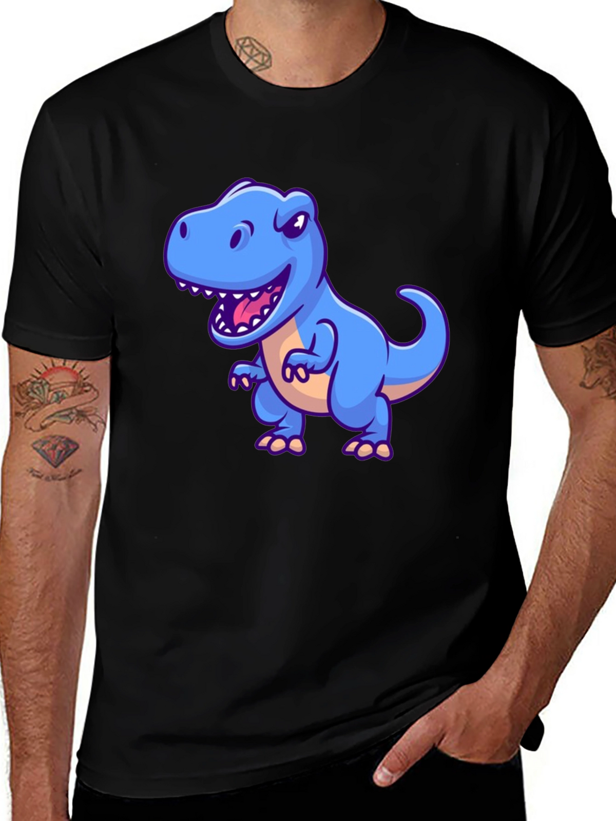 Dino Graphic Tee - Cartoon T-Rex Print Black T-Shirt