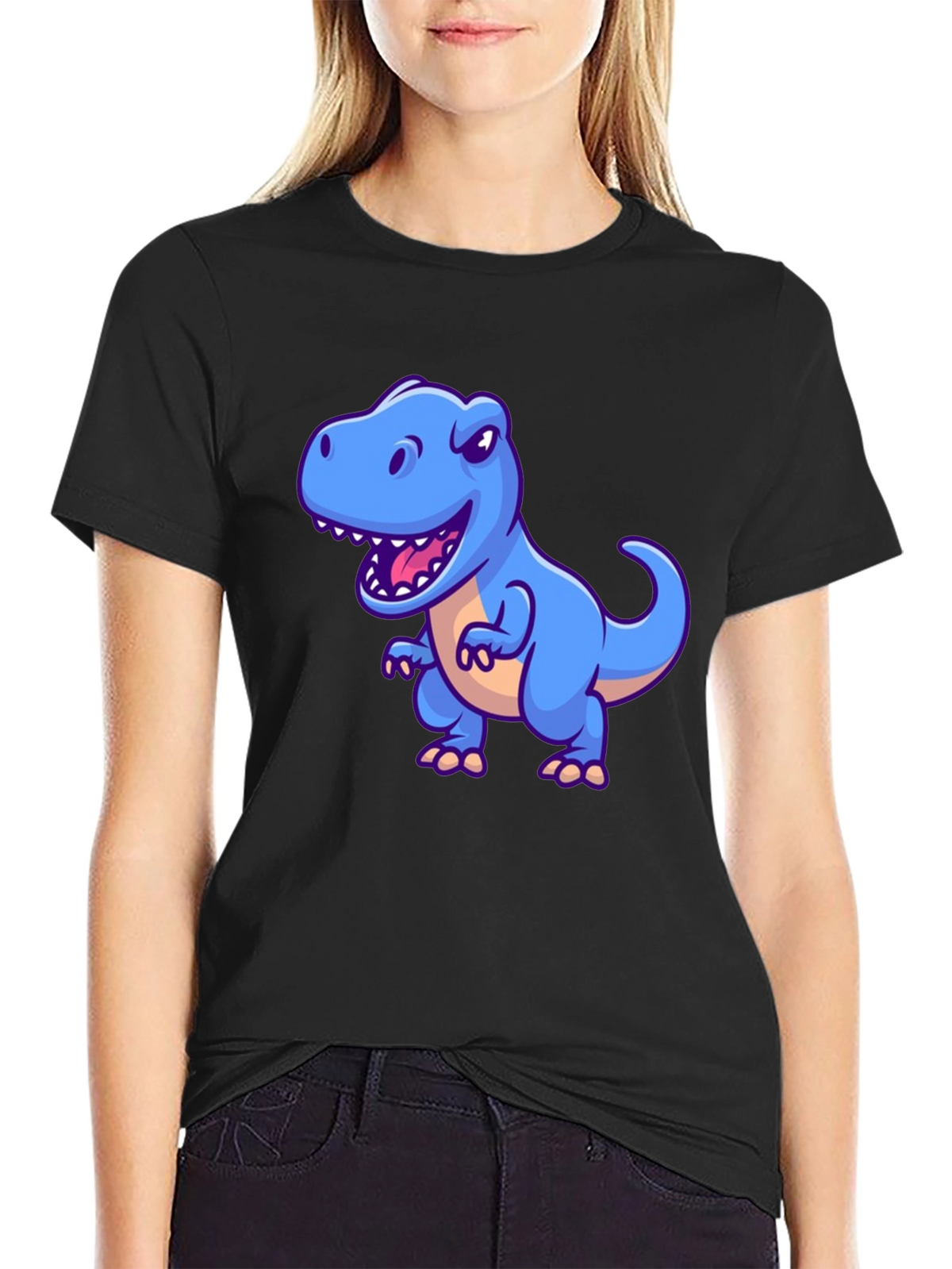 Dino Graphic Tee - Cartoon T-Rex Print Black T-Shirt