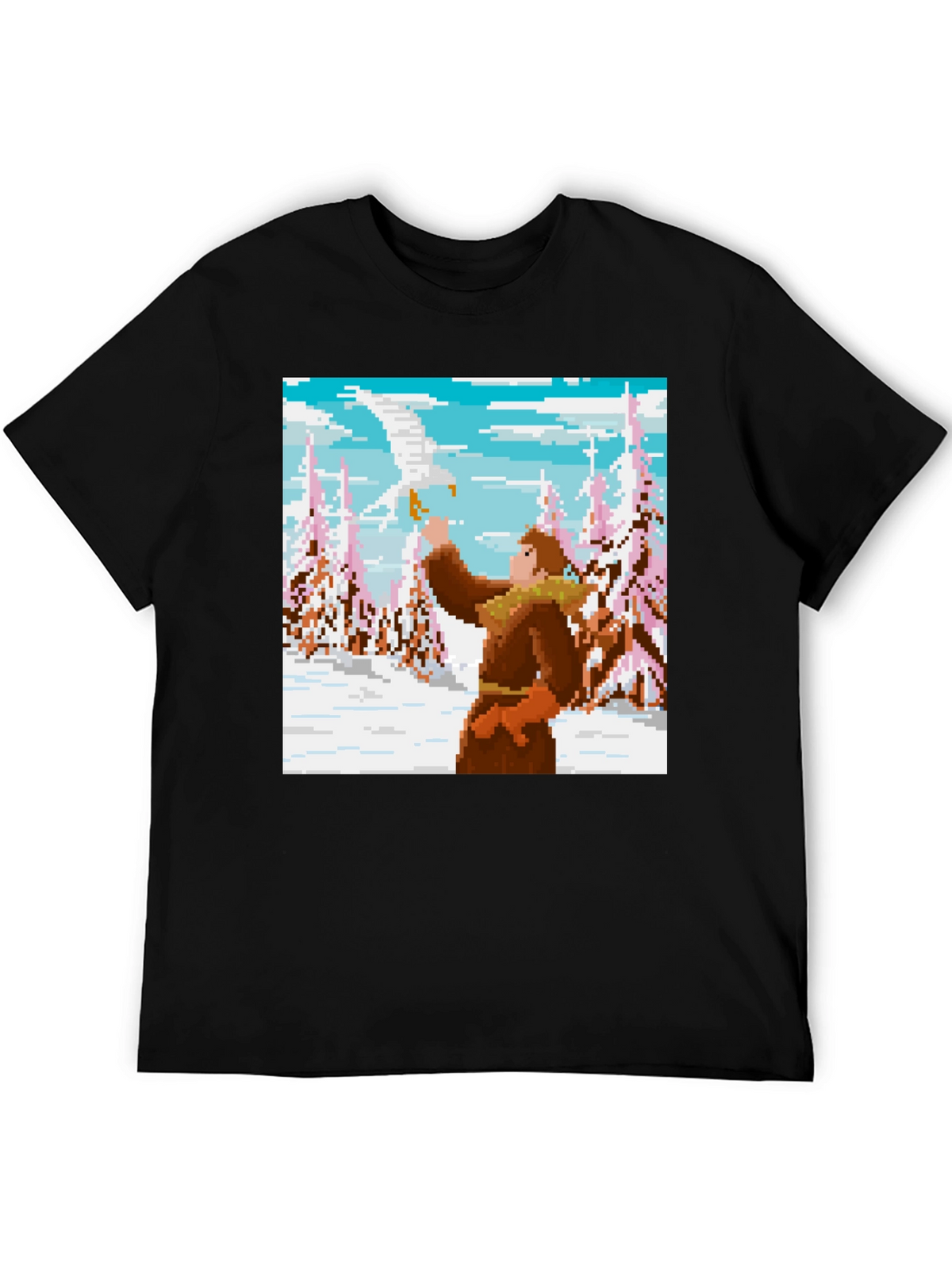 Pixel Art T-Shirt: Man and Eagle in Snowy Scene