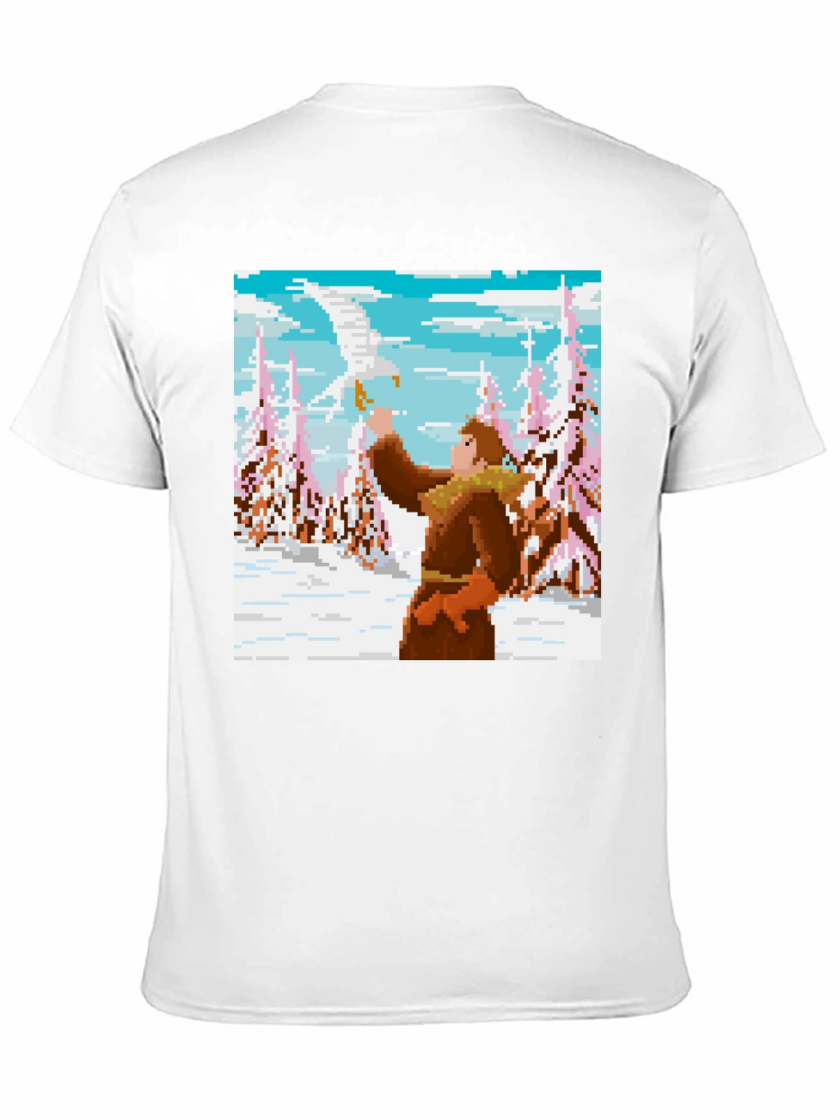 Pixel Art T-Shirt: Man and Eagle in Snowy Scene