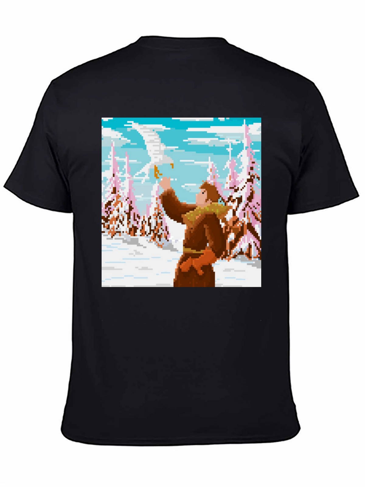 Pixel Art T-Shirt: Man and Eagle in Snowy Scene