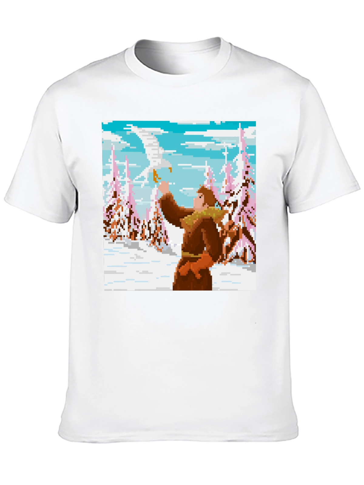 Pixel Art T-Shirt: Man and Eagle in Snowy Scene