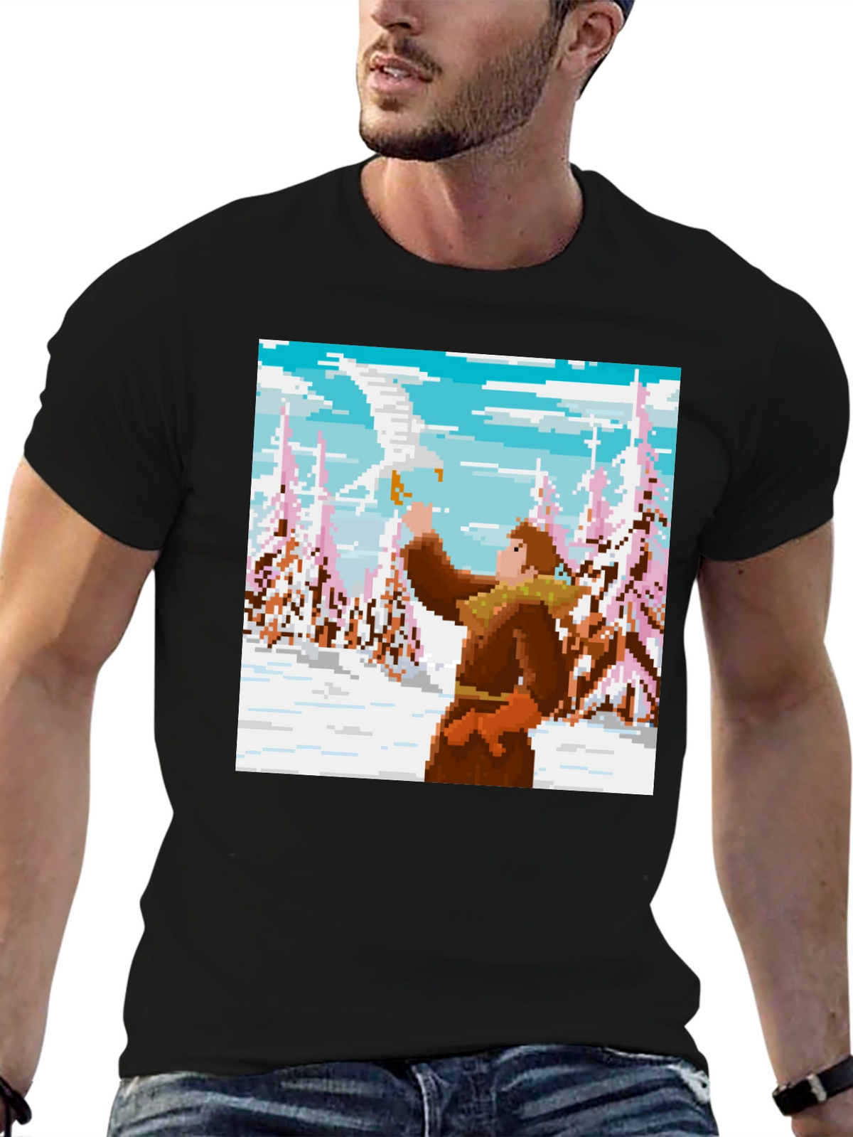 Pixel Art T-Shirt: Man and Eagle in Snowy Scene