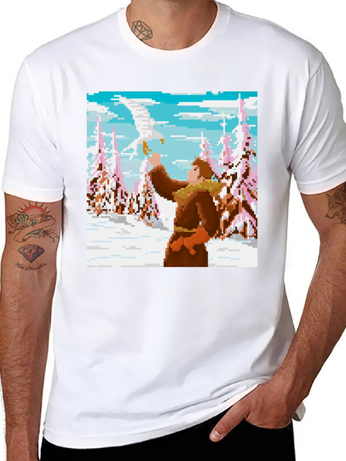 Pixel Art T-Shirt: Man and Eagle in Snowy Scene