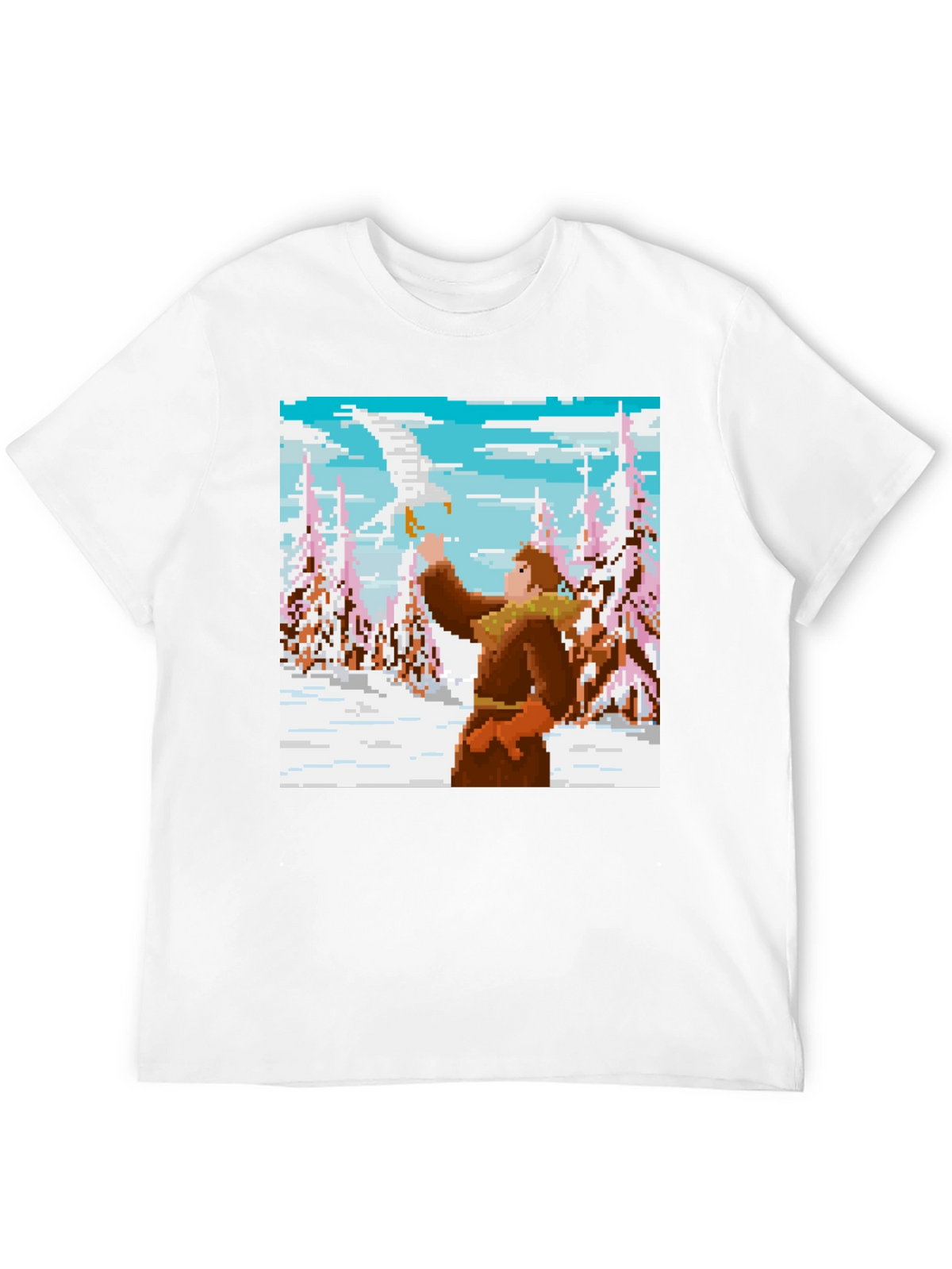 Pixel Art T-Shirt: Man and Eagle in Snowy Scene