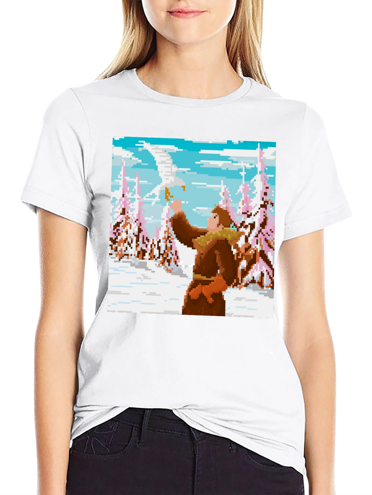 Pixel Art T-Shirt: Man and Eagle in Snowy Scene