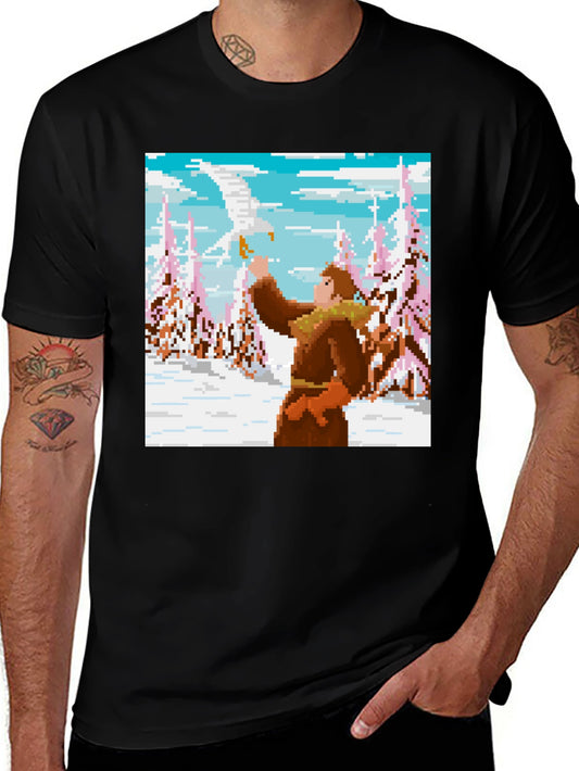 Pixel Art T-Shirt: Man and Eagle in Snowy Scene