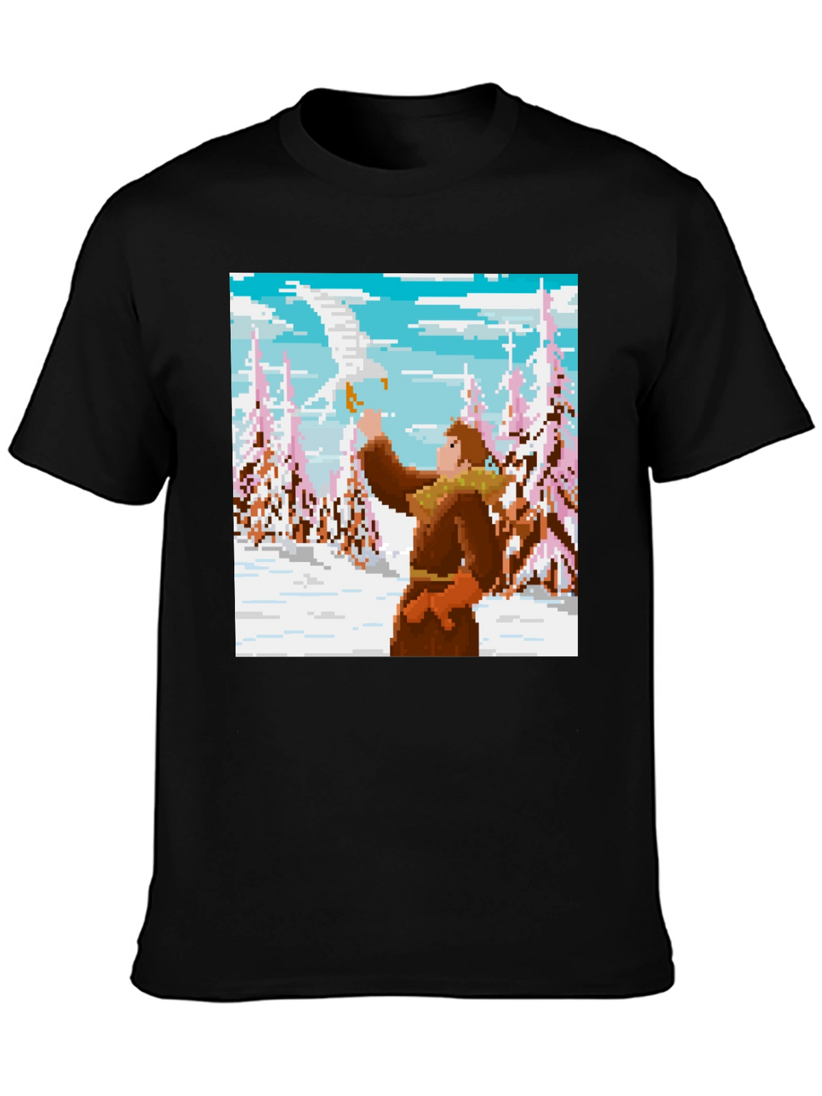Pixel Art T-Shirt: Man and Eagle in Snowy Scene