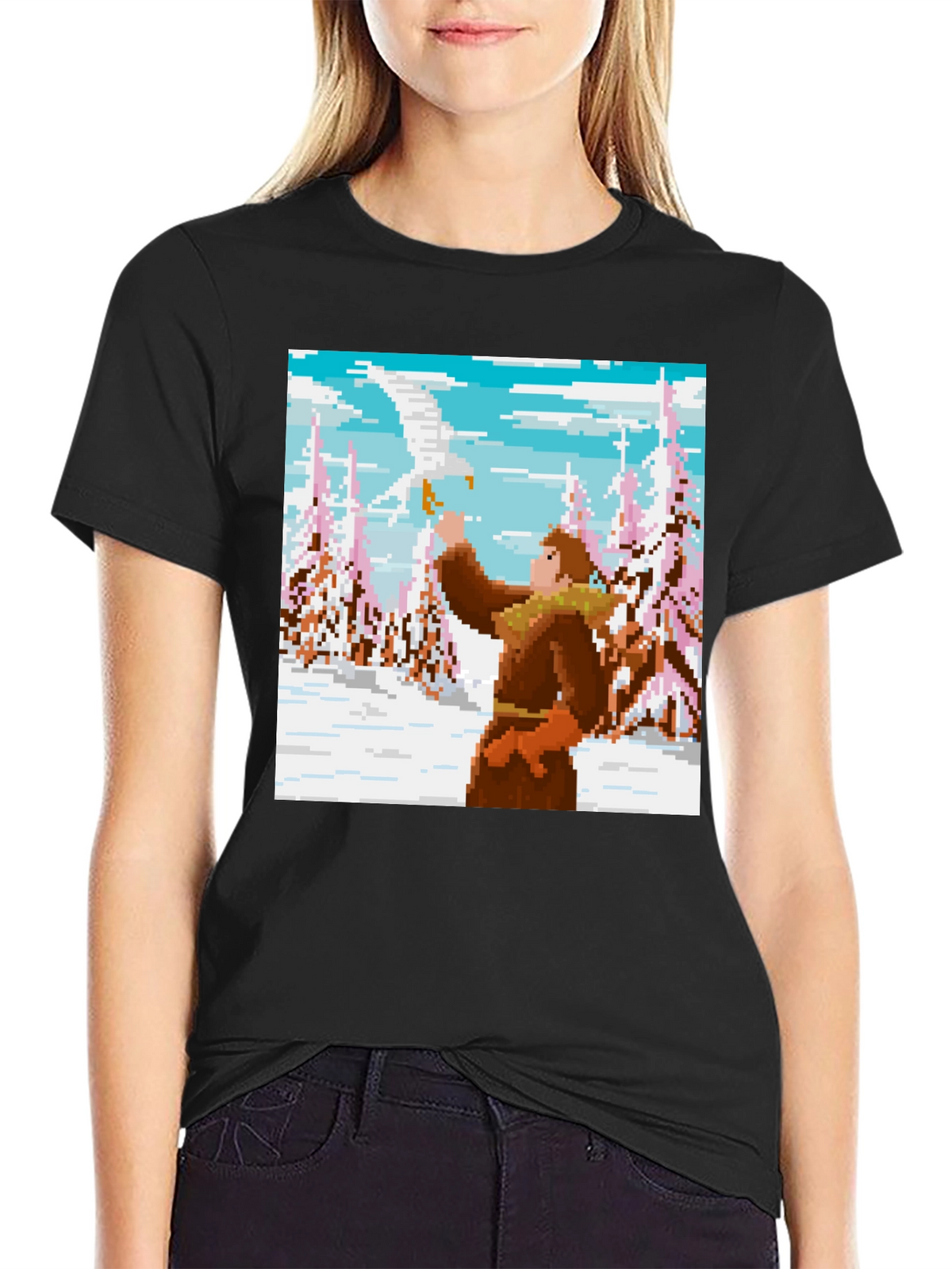 Pixel Art T-Shirt: Man and Eagle in Snowy Scene