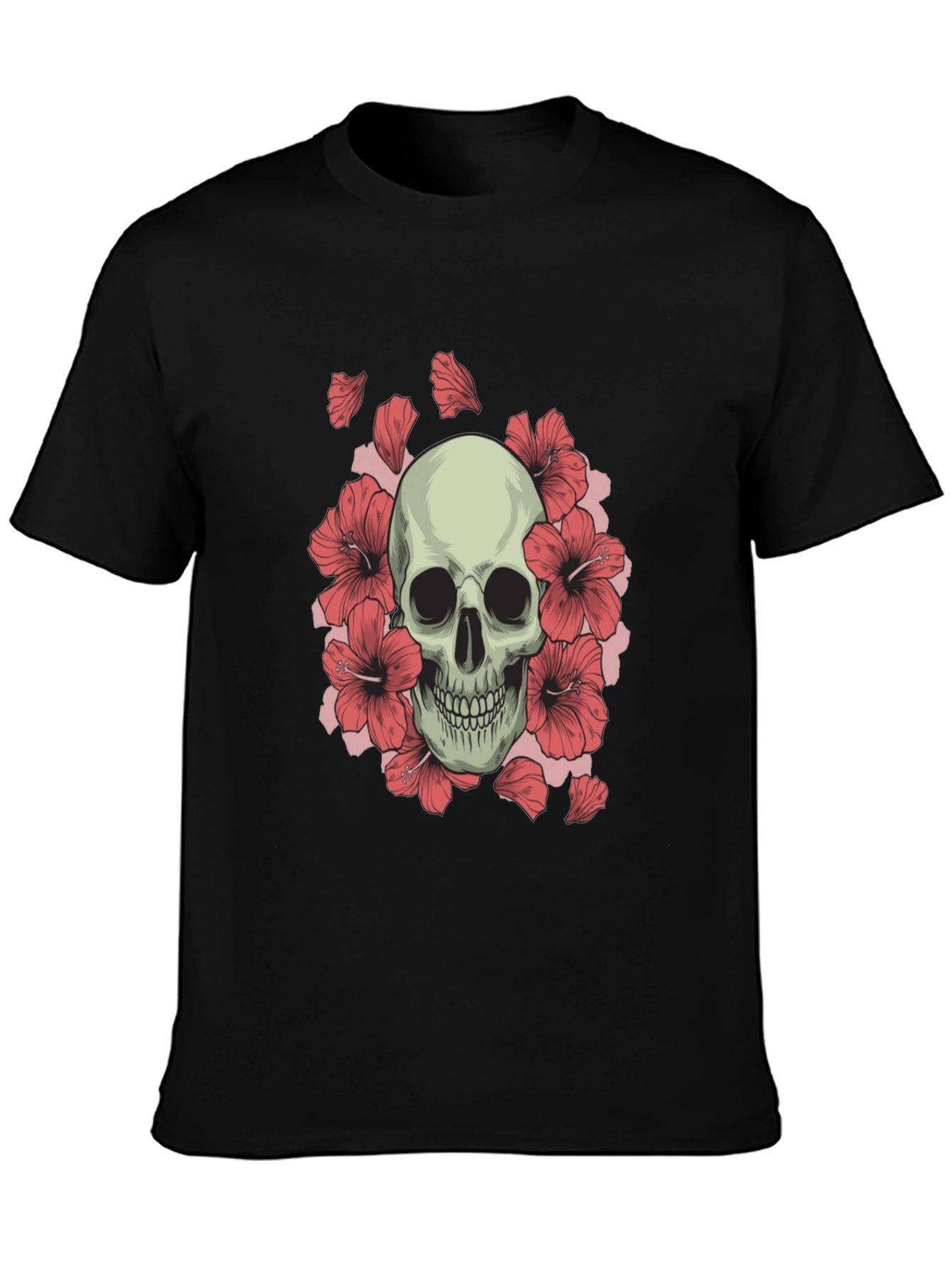 Skull and Hibiscus Graphic Tee - Black