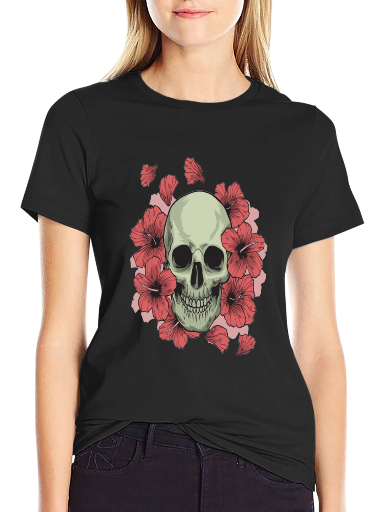 Skull and Hibiscus Graphic Tee - Black