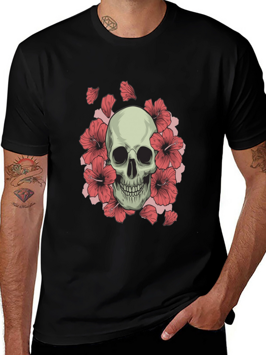 Skull and Hibiscus Graphic Tee - Black