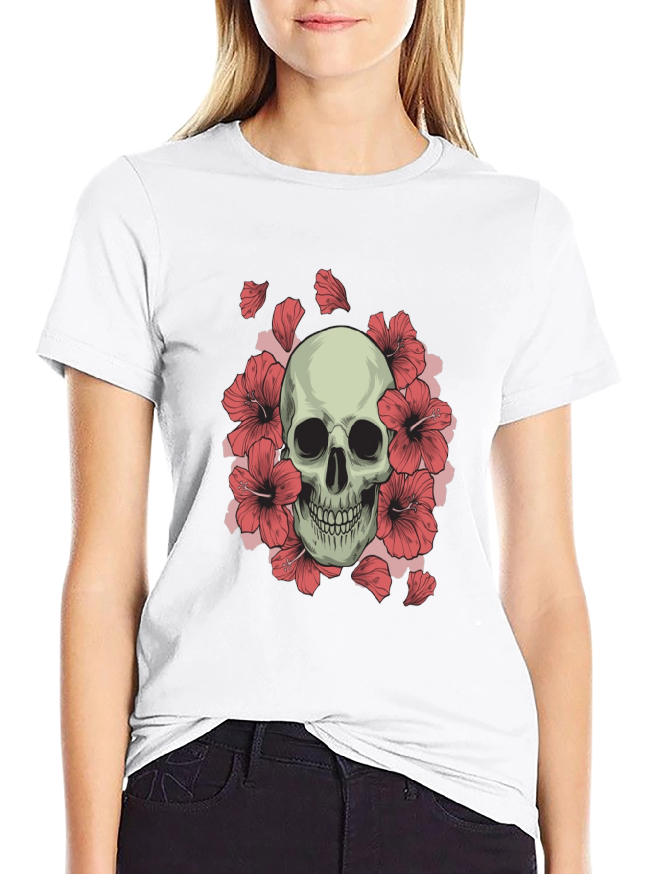 Skull and Hibiscus Graphic Tee - Black