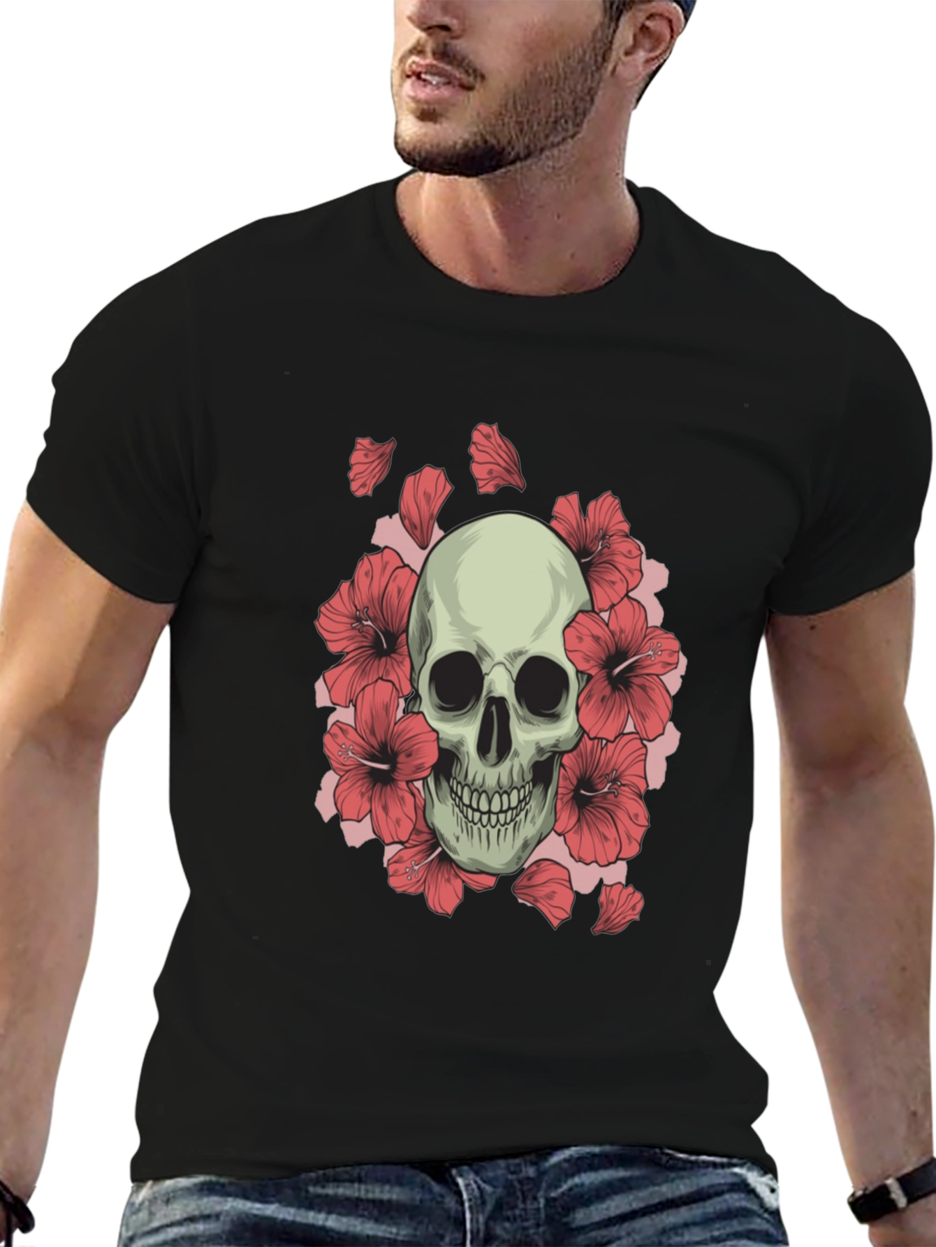 Skull and Hibiscus Graphic Tee - Black