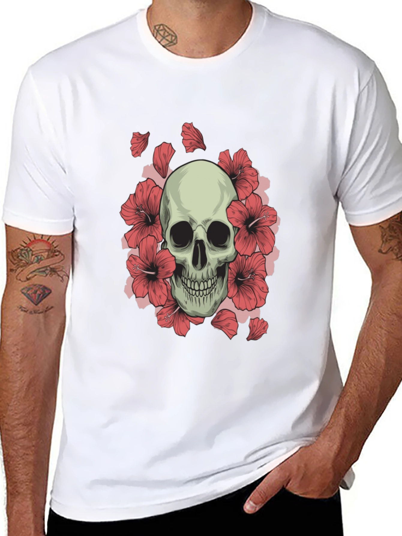 Skull and Hibiscus Graphic Tee - Black